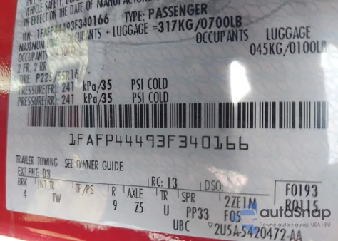 2003 Ford Mustang from USA, damaged, VIN 1FAFP44493F340166